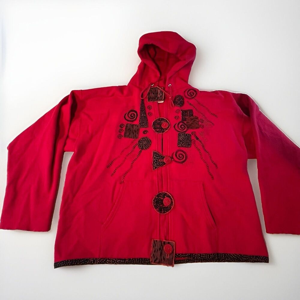 Customized One Of A Kind Wearable Art Red Hoodie Appliqué Boho Hanes Lrg Jumper